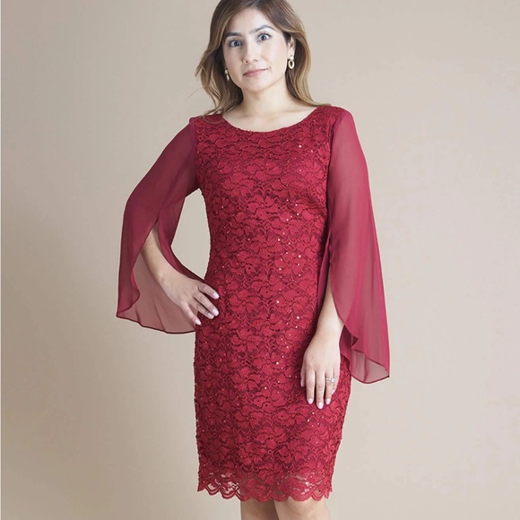 Connected Apparel Womens Lace Long Sleeve Sequin Sheath scarlet red Dress size 4 - Picture 1 of 5